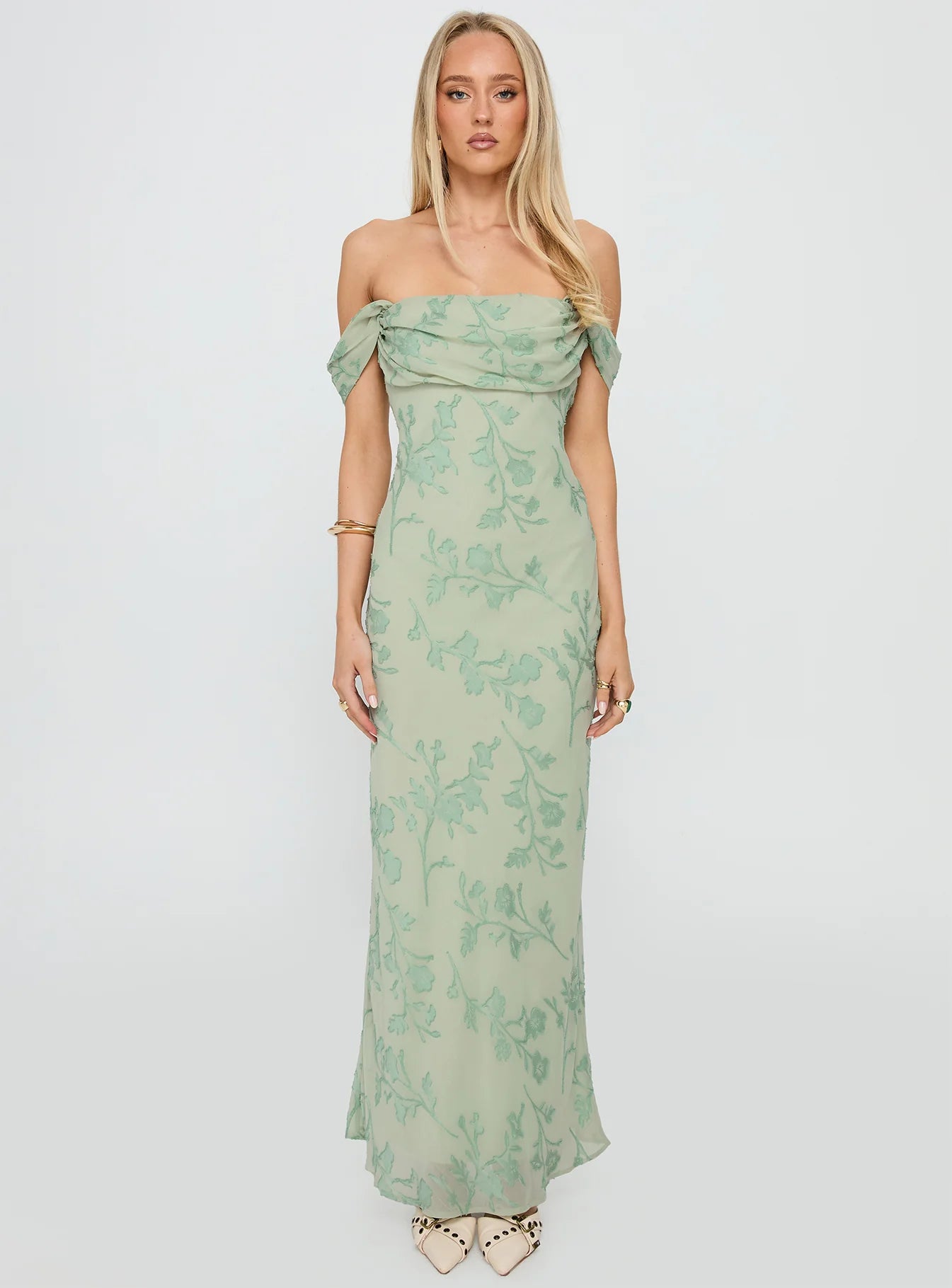 Azura Off The Shoulder Maxi Dress Green Burnout