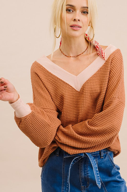 Waffle Textured V-Neck Top