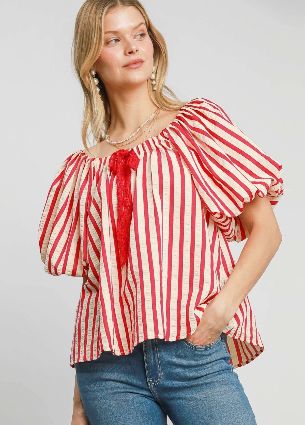 London Striped Bubble Sleeve Top in Hot Pink