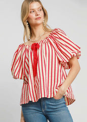 London Striped Bubble Sleeve Top in Hot Pink