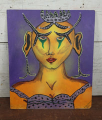 Lot 043 - Vintage Painting On Masonite Of A Strange Goddess Like Woman In Purple Dress, Crown, Signed S. Walshman, 1980