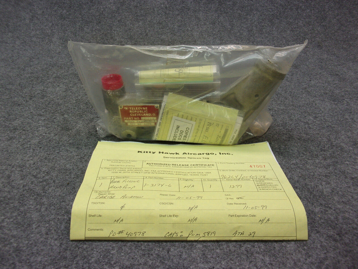 Teledyne Republic Pressure Filling Hand Pump P/N 1-3174-6 (Overhauled W/8130)