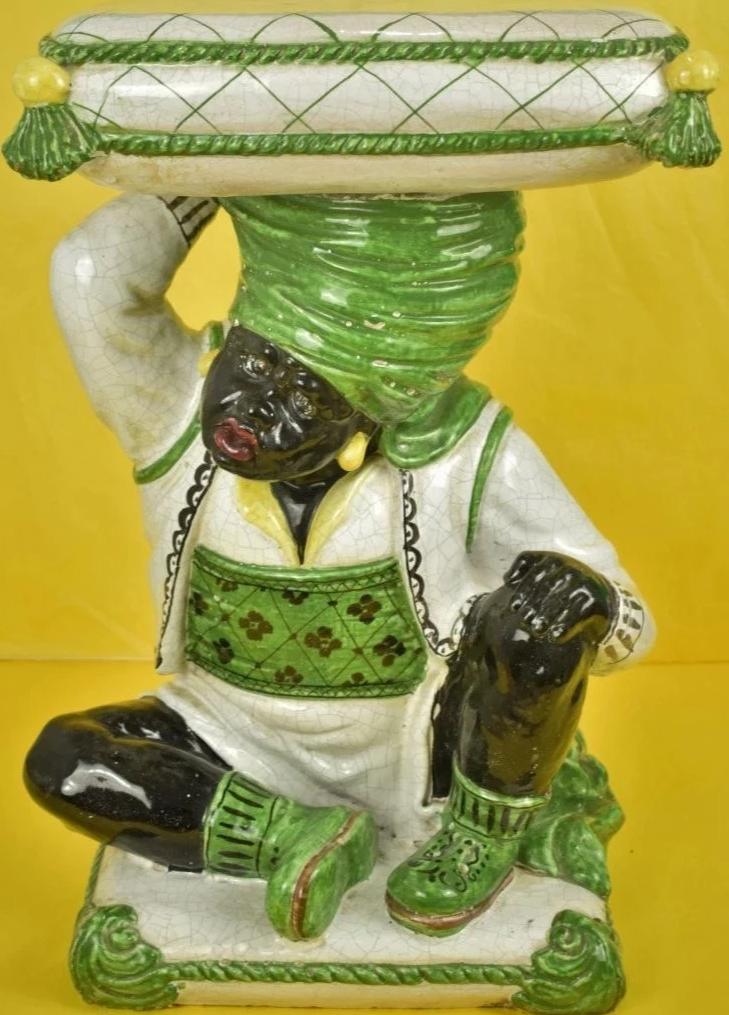 Italian Ceramic Blackamoor Side Table w/ Tassel Cushion Pillow