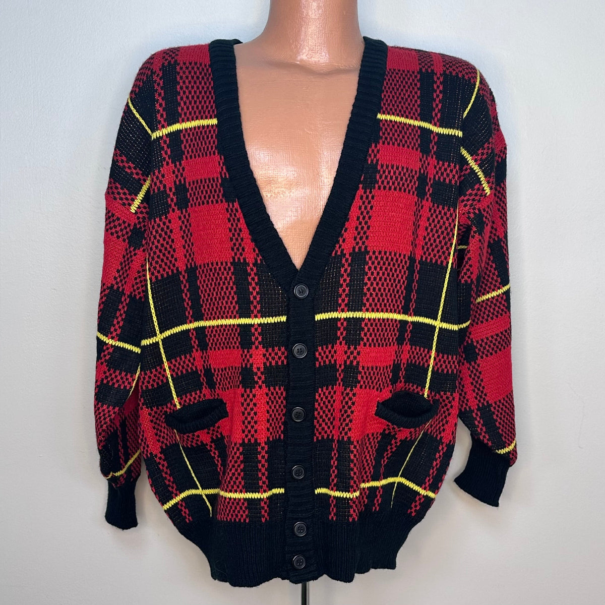 1980s Red Plaid Cardigan Sweater,  Instant Glamour Limited Express Size Medium-Large, Deadstock with Tags