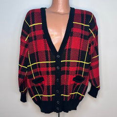 1980s Red Plaid Cardigan Sweater,  Instant Glamour Limited Express Size Medium-Large, Deadstock with Tags