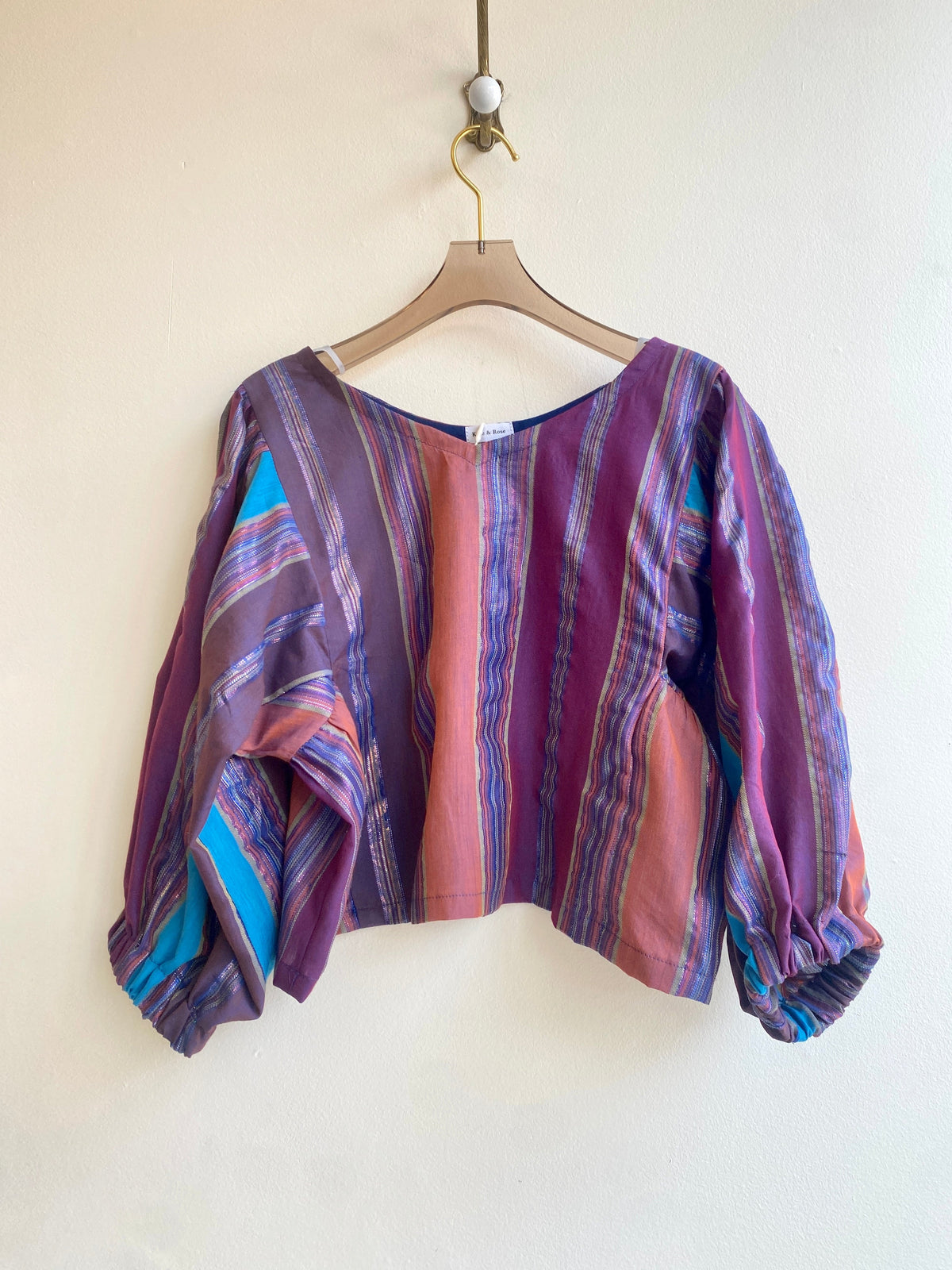 Zero Waste Gathered Sleeve Top In Burgundy, Orange, & Blue Metallic Thread