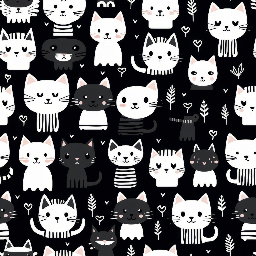 Pattern of black and white cartoon cats with hearts and leaves on a black background.