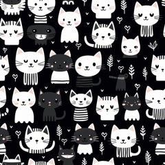 Pattern of black and white cartoon cats with hearts and leaves on a black background.