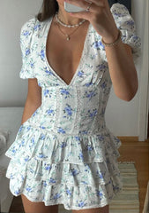 Simple A line V Neck Floral Blue Homecoming Dress Summer Hoco Dresses Cocktail Dress DP1928