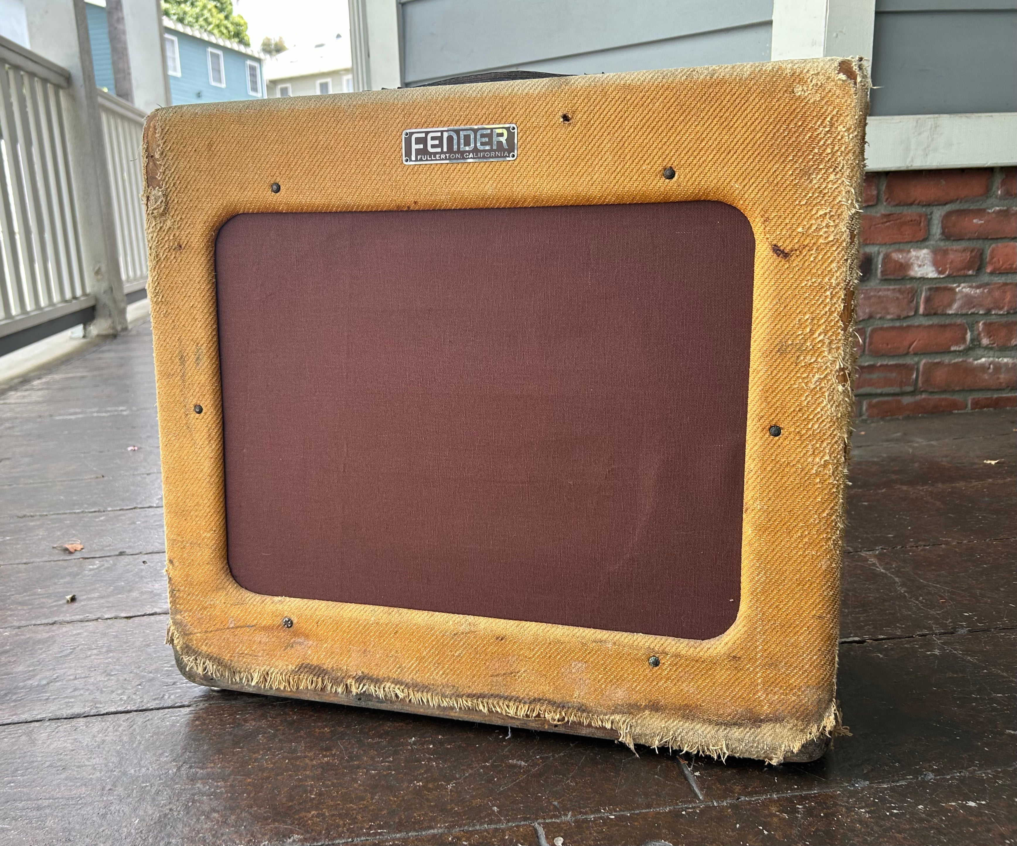 1949 Fender TV Front Pro Amp 5A5 tweed cover amplifier, dark red grill cloth