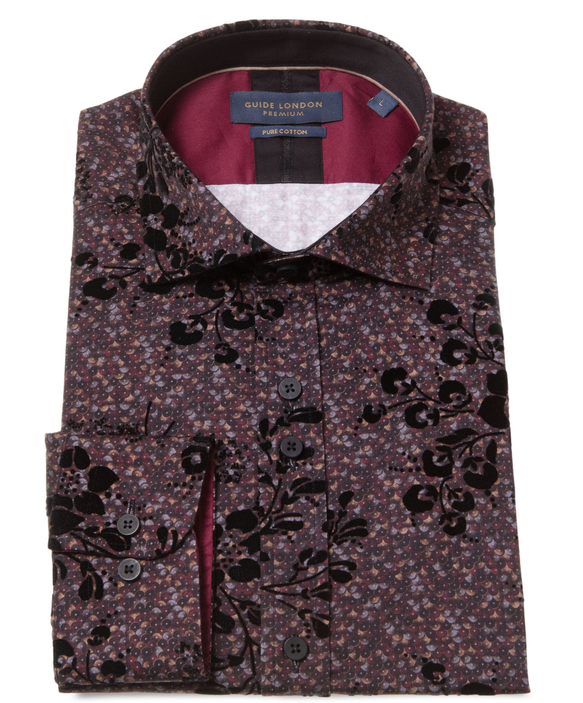 Guide London Burgundy Floral Flock Long Sleeve Shirt