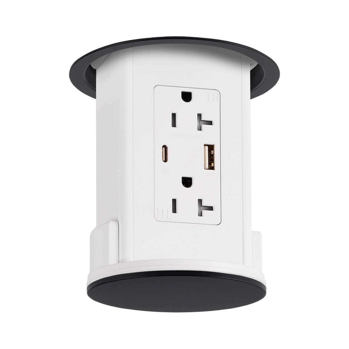 Under Cabinet Hidden Pop Down Charging USB A/C White Body, Black Top