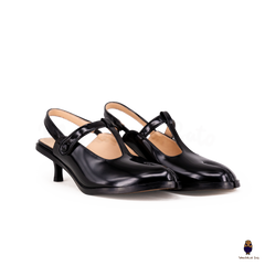 WoodchuckSato Tabi Split-Toe Slingback Black Mary Jane Heels 5 cm Glossy Leather