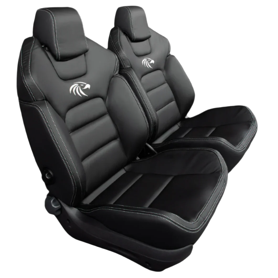 A pair of black premium touring seats with white embroidery on the headrests, designed for 4WD vehicles.