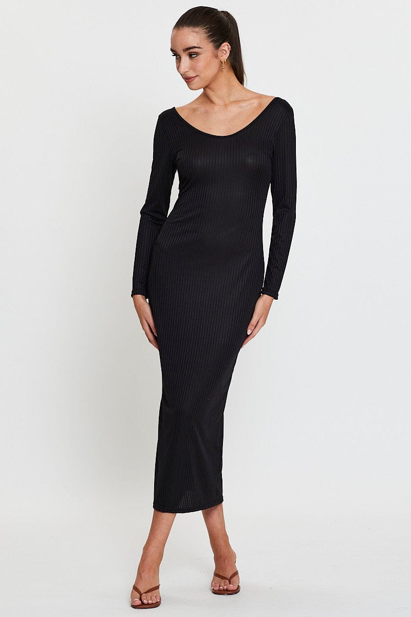 Black Midi Dress Long Sleeve Bodycon