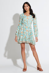 Boho Print Mini Dress Long Sleeve V Neck