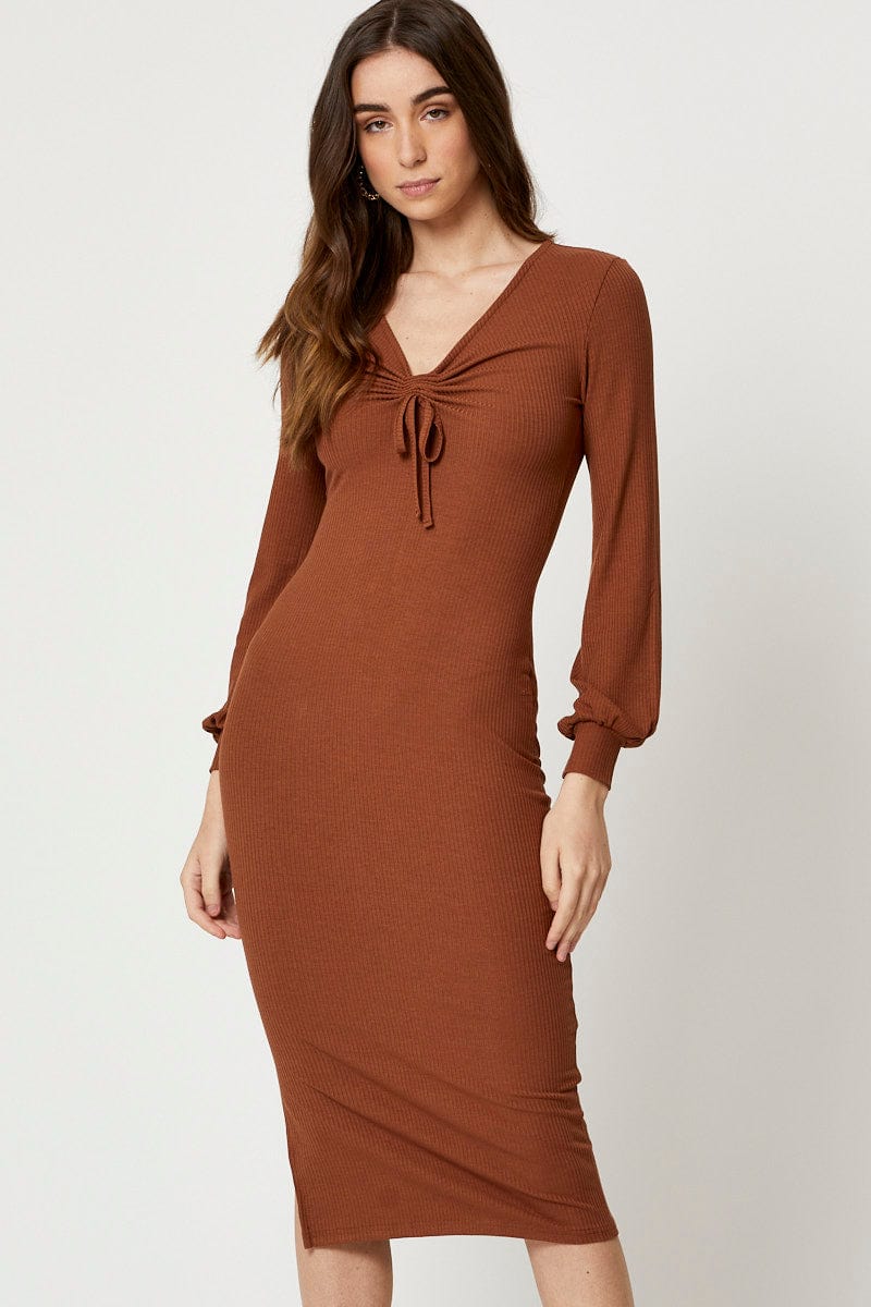 Brown Ribbed Drawstring Midi Dress