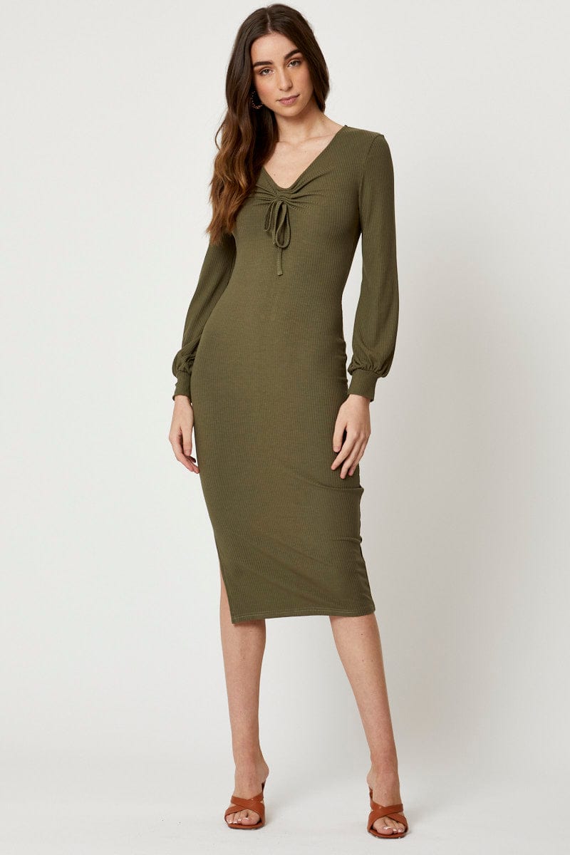 Green Ribbed Drawstring Midi Dress