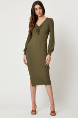 Green Ribbed Drawstring Midi Dress