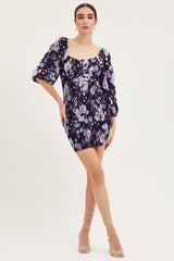 Print Shirred Dress Long Sleeve Mini