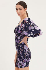 Print Shirred Dress Long Sleeve Mini
