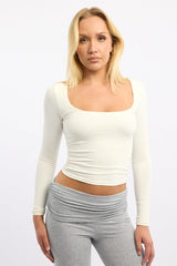 White Supersoft Top Square Neck Long Sleeve