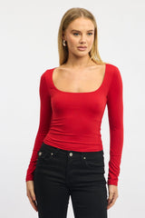 Red Supersoft Top Square Neck Long Sleeve
