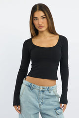 Black Rib Top Long Sleeve Scoop Neck Brushed