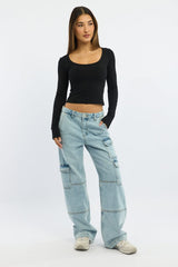 Black Rib Top Long Sleeve Scoop Neck Brushed