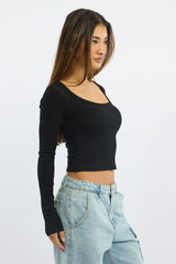 Black Rib Top Long Sleeve Scoop Neck Brushed