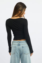 Black Rib Top Long Sleeve Scoop Neck Brushed