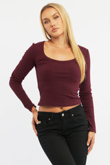 Red Rib Top Long Sleeve Scoop Neck Brushed