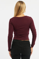 Red Rib Top Long Sleeve Scoop Neck Brushed