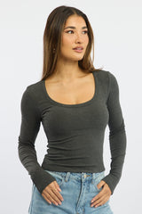 Grey Rib Top Long Sleeve Scoop Neck Brushed