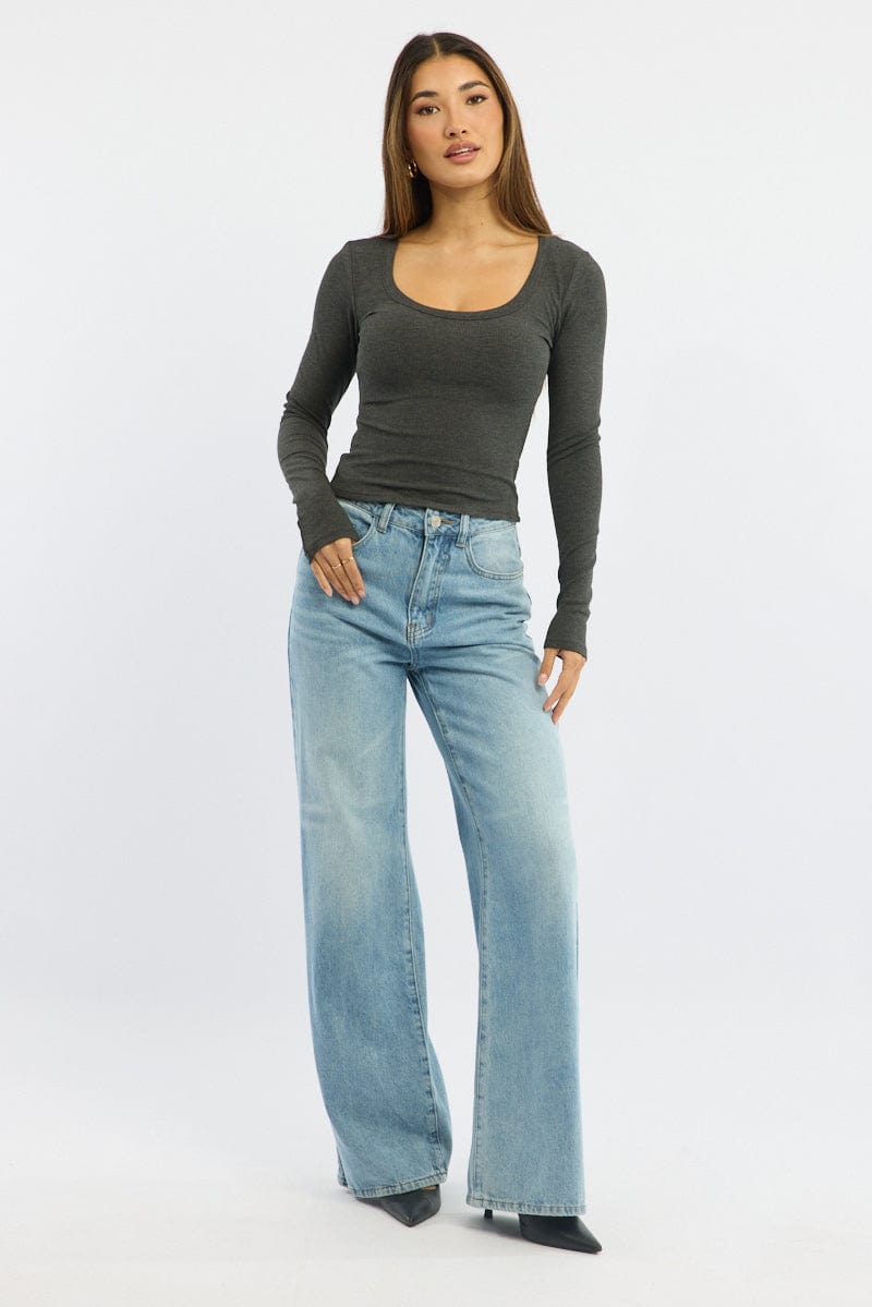 Grey Rib Top Long Sleeve Scoop Neck Brushed