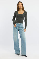 Grey Rib Top Long Sleeve Scoop Neck Brushed