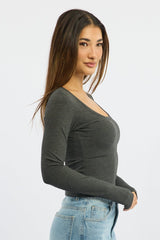 Grey Rib Top Long Sleeve Scoop Neck Brushed