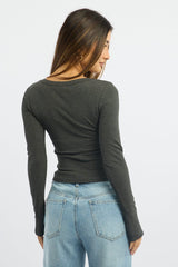 Grey Rib Top Long Sleeve Scoop Neck Brushed