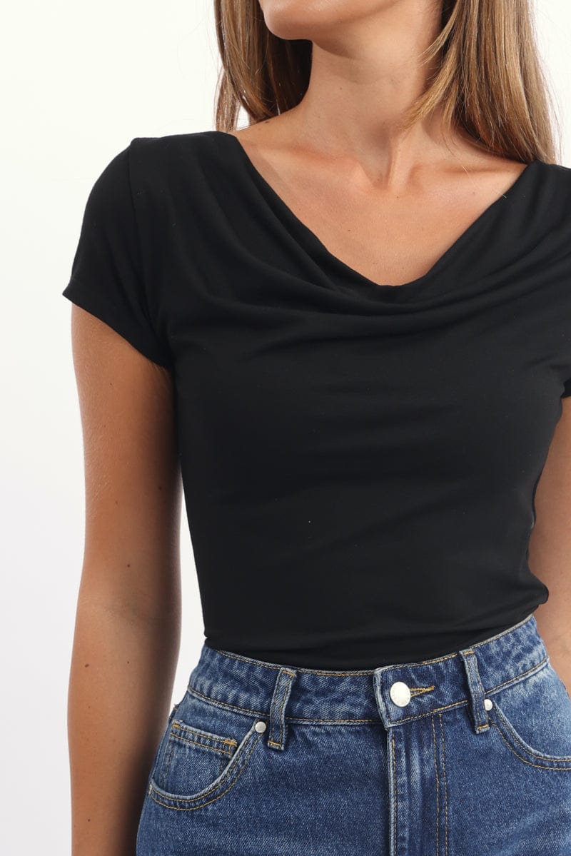 Black Cowl Neck Top Short Sleeve