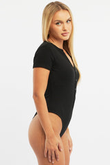 Black Bodysuit Short Sleeve Button Front Rib