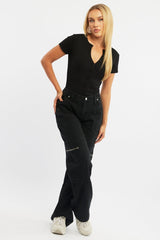 Black Bodysuit Short Sleeve Button Front Rib