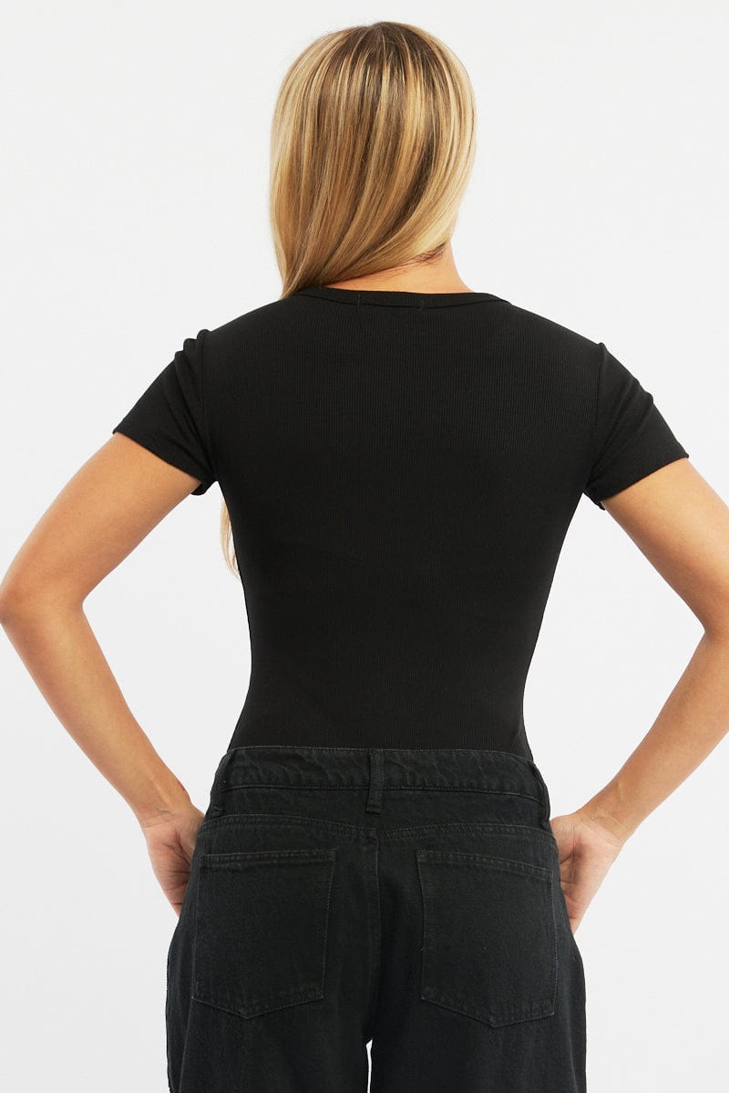 Black Bodysuit Short Sleeve Button Front Rib