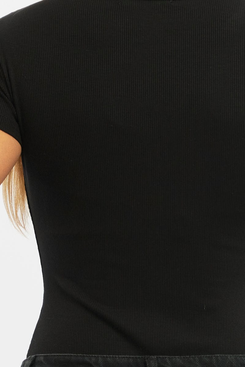Black Bodysuit Short Sleeve Button Front Rib