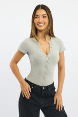 Grey Bodysuit Short Sleeve Button Front Rib