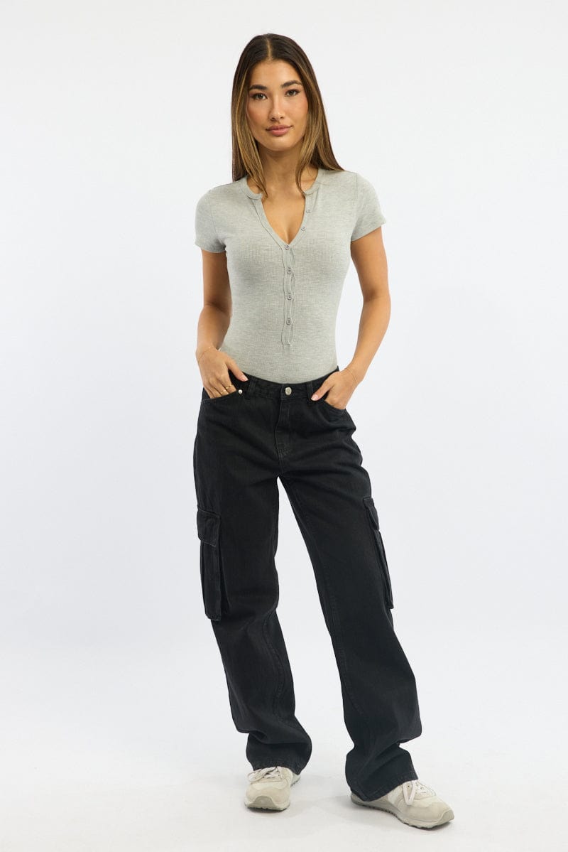 Grey Bodysuit Short Sleeve Button Front Rib
