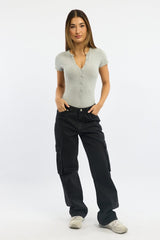 Grey Bodysuit Short Sleeve Button Front Rib