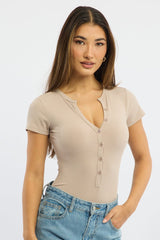 Beige Bodysuit Short Sleeve Button Front Rib