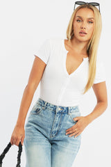 White Bodysuit Short Sleeve Button Front Rib