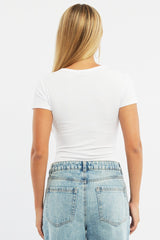 White Bodysuit Short Sleeve Button Front Rib