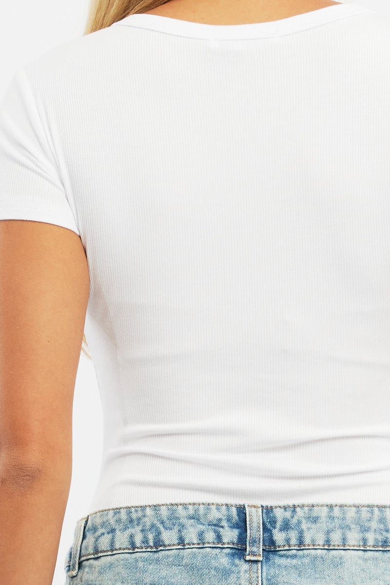 White Bodysuit Short Sleeve Button Front Rib